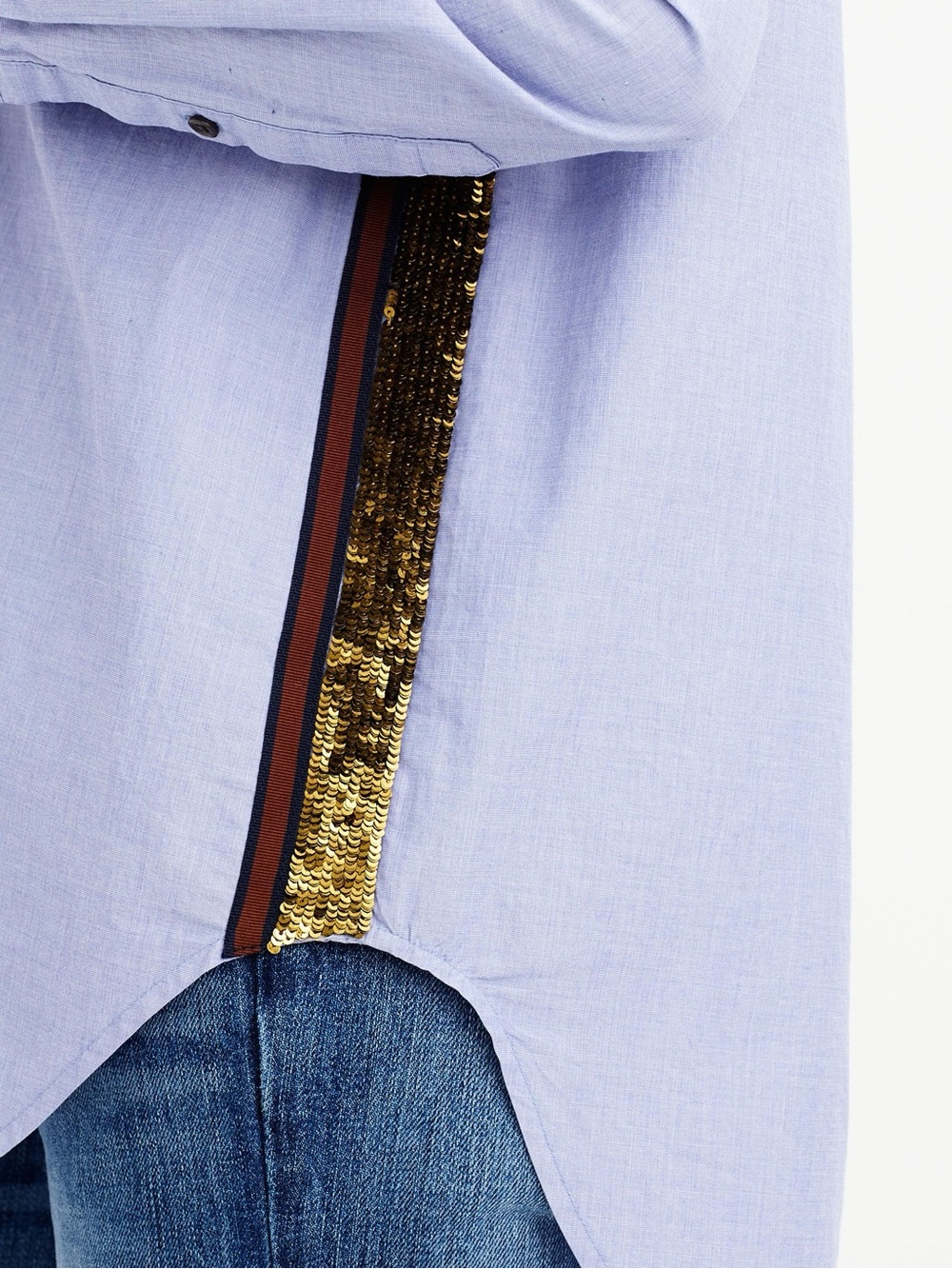 J.Crew Sequin Side Stripe Boyfriend Button-Up Shirt Blue Gold Cotton Oversized 8 - Picture 12 of 15